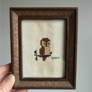 Vintage 70’s Finished Cross Stitch Art & Frame Cross Stitched Owl On Tree Branch